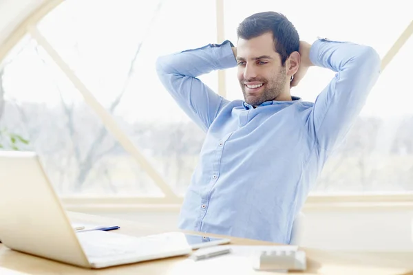 Successful Young Businessman Hands Neck Wearing Shirt While Relaxing Office — Stock Photo, Image