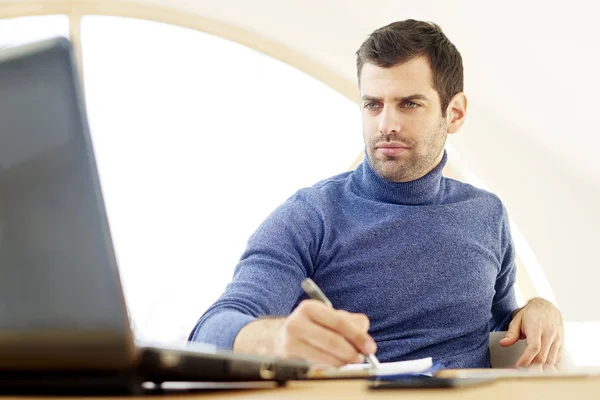 Portrait Casual Young Man Wearing Turtleneck Sweater Looking Thoughtul Working — Stock Photo, Image