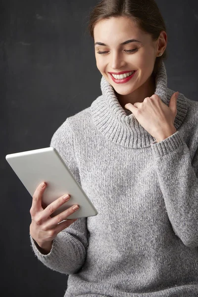 Portrait Beautiful Young Woman Toothy Smile Wearing Turtleneck Sweater Using — Stock Photo, Image