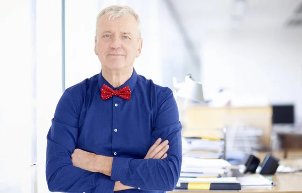 Retrato Empresário Sênior Usando Gravata Borboleta Enquanto Estava Com Braços — Fotografia de Stock