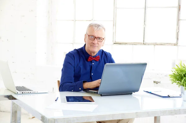 Retrato de empresário idoso trabalhando em laptop no escritório — Fotografia de Stock