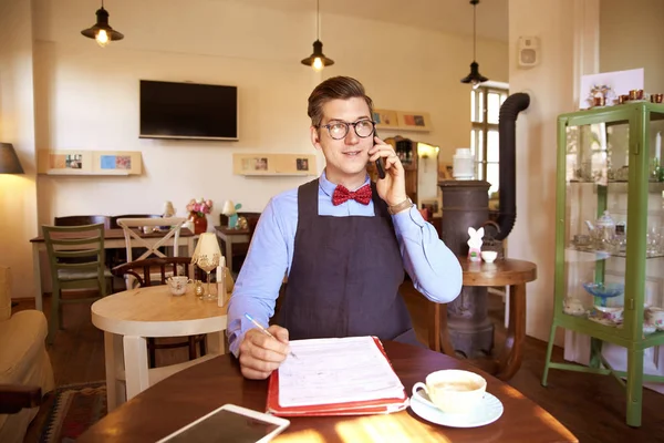 Shot Young Cafe Owner Man Wearing Bow Tie Apron While — Stock Photo, Image