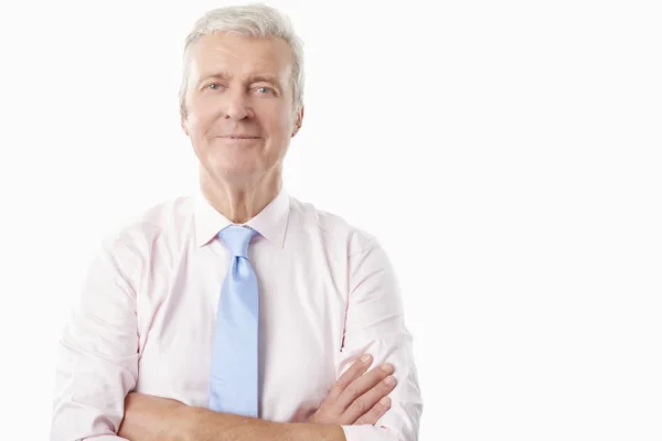 Retrato Homem Idoso Com Braços Cruzados Fundo Branco Isolado Com — Fotografia de Stock