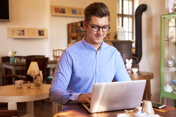 Smiling Young Businessman Wearing Shirt Eyeglasses While Sitting Desk Small — Stock Photo, Image