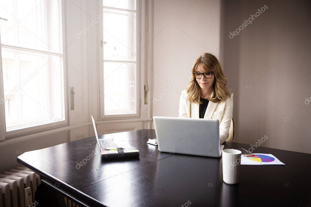Higha angle shot of mature accountant businesswoman wearing blazer while sitting behind her laptop and writing something. 