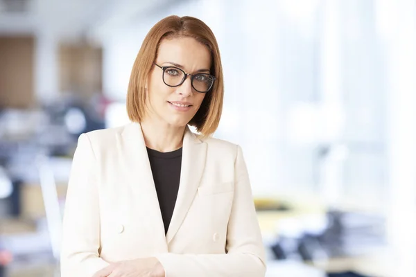 Portrait Shot Elegant Mature Businesswoman Wearing Blazer Looking Camera While — Stock Photo, Image