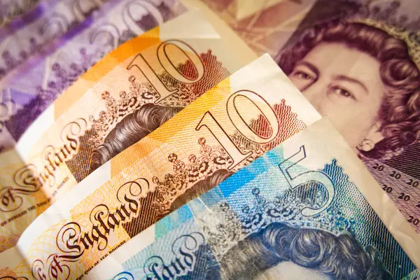 Background British currency conceptualised by close up notes United Kingdom — 스톡 사진