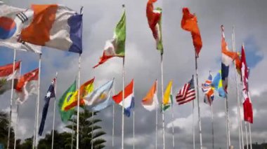 Multi national flags blowing in the wind 