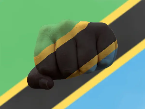 Tanzânia Bandeira pintada em punho humano representando o poder — Fotografia de Stock