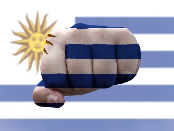 권력을 상징하는 인간의 주먹 위에 그려진 우루과이 국기 — 스톡 사진