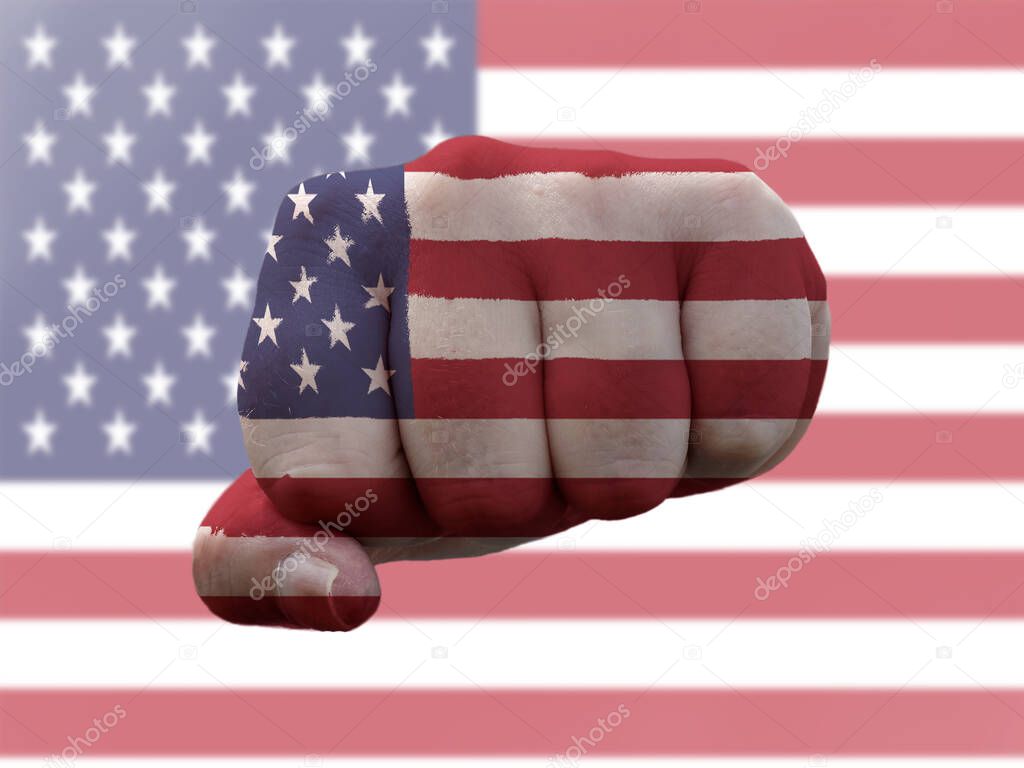 United States America Flag painted on human fist representing power