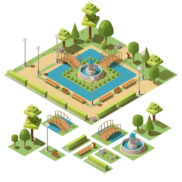 Parc Public Ville Isométrique Pour Les Loisirs Avec Fontaine Bancs — Image vectorielle