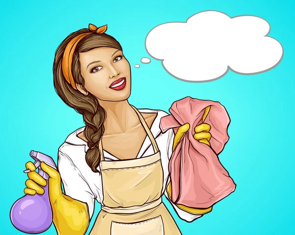 Gülümseyen bir ev hanımıyla temizlik servisi reklamı yapan bir vektör pop sanat çizimi. Dost canlısı, üniformalı ve koruyucu eldivenli güzel bir kadın, temizlik ürünleri tutuyor, eski tarz.