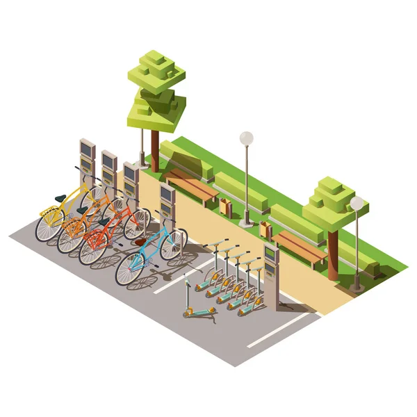 Parcheggio in città per noleggio biciclette e scooter — Vettoriale Stock