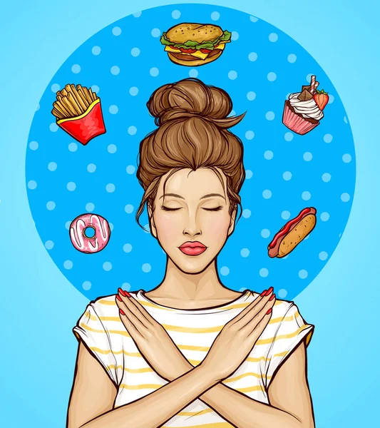 Mujer negándose a la comida rápida y dulces — Vector de stock