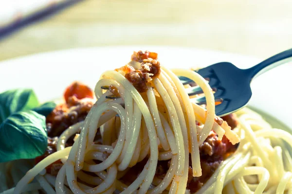 Spaghetti Bolognese Sauce Parmesan Basil — Stock Photo, Image