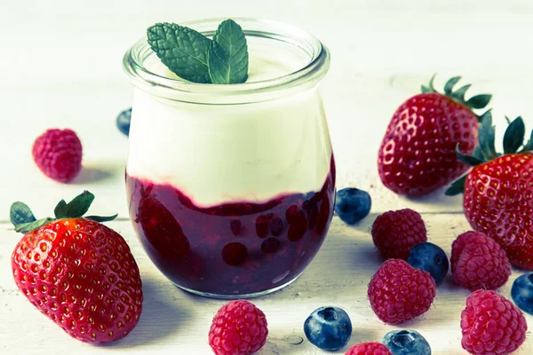 Red fruit compote with mint leaves and fruit — Stock Photo, Image