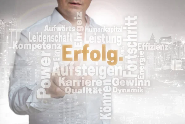 Erfolg Wordcloud (in german success) touchscreen is operated by — Stock Photo, Image