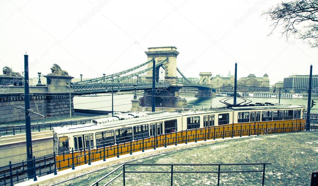 Tram in Budapest in front of Chain Bridge