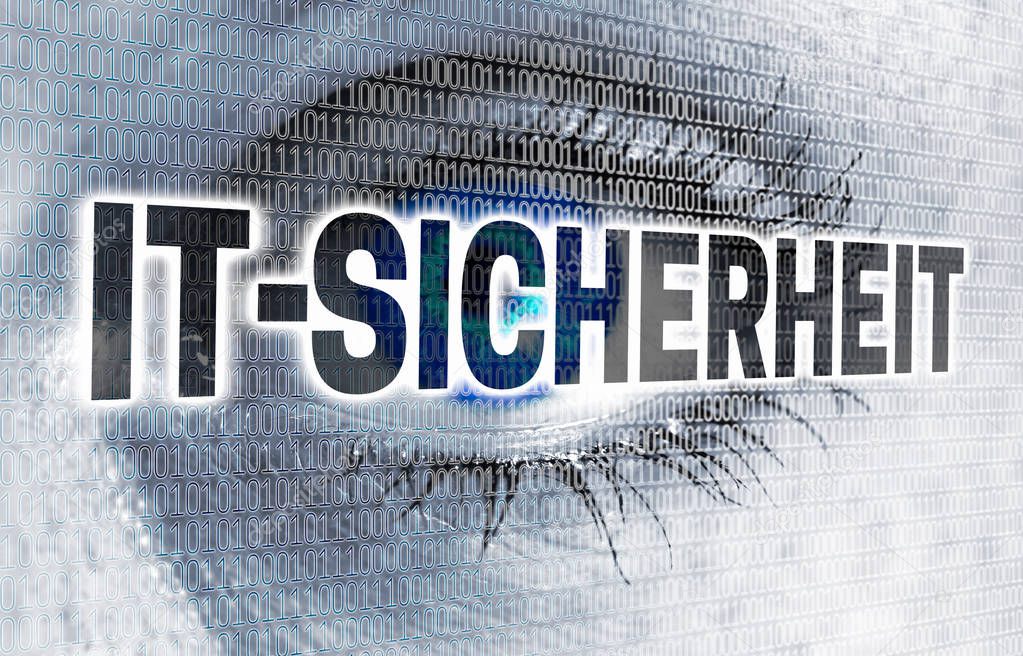 IT Sicherheit ( in german IT security) eye with matrix looks at 