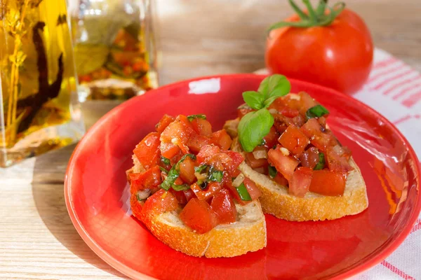 Bruschetta Tomatoes Wooden Board — Stock Photo, Image