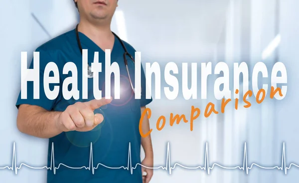 Health insurance comparison Doctor shows on viewer with heart ra — Stock Photo, Image