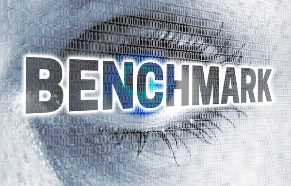 Benchmark eye with matrix looks at viewer concept — Stock Photo, Image