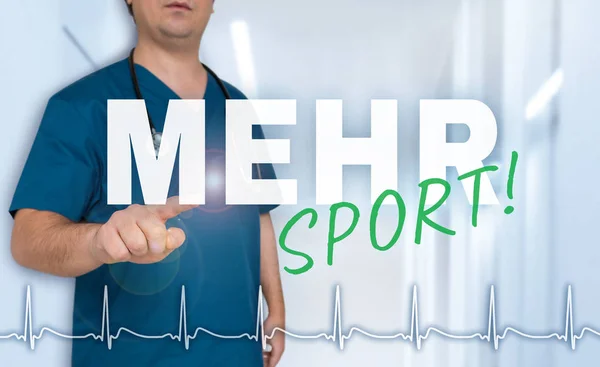 Mehr Sport (in german More sports) doctor shows on viewer with h — Stock Photo, Image