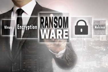 Ransomware işadamı şehir arka plan kavramı ile