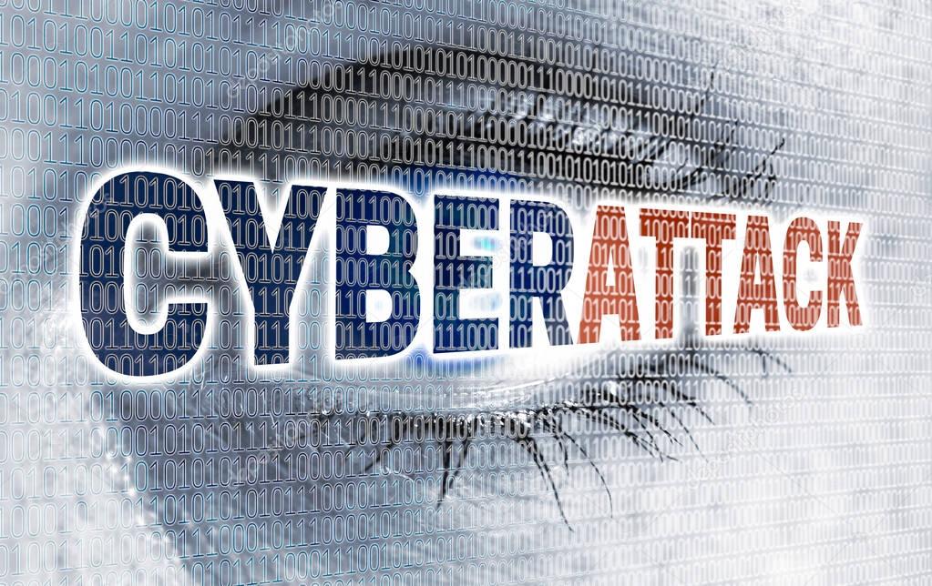 Cyberattack eye with matrix looks at viewer concept