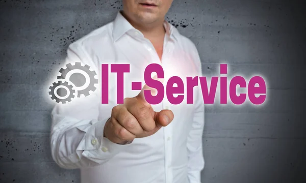 La pantalla táctil del servicio de TI es operada por un hombre — Foto de Stock