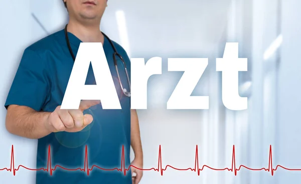Arzt (in german doctor) shows on viewer with heart rate concept — Stock Photo, Image