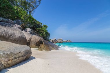 Similan Adaları beyaz kum plaj ve turkuaz mavi deniz Tayland