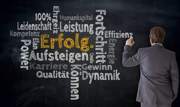 Businessman writes Erfolg, Aufsteigen, Fortschritt (in german su — Stock Fotó