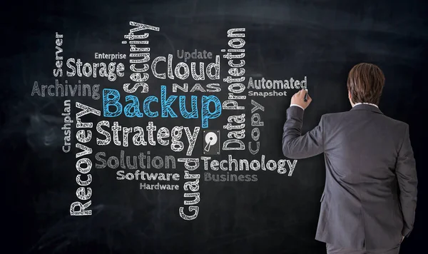 Geschäftsmann schreibt Backup-Cloud auf Tafel-Konzept — Stockfoto