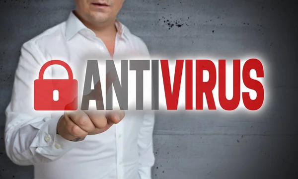 Tela sensível ao toque antivírus é operado pelo homem — Fotografia de Stock