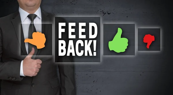 Feedback concept and businessman with thumbs up — Stock Photo, Image