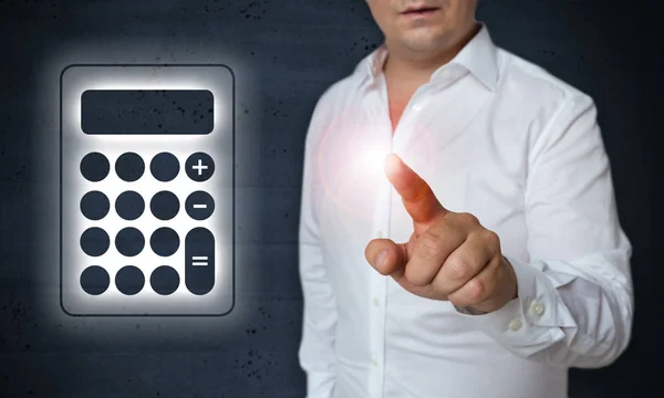 Calculator touchscreen is operated by man concept — Stock Photo, Image