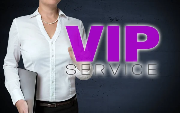 VIP service touchscreen is shown by businesswoman — Stock Photo, Image