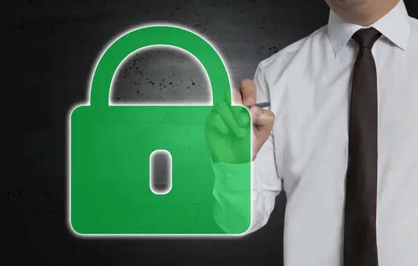 Groene U-lock is geschreven door zakenman op computerscherm — Stockfoto