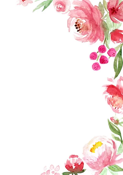 Akvarel Volný Styl Růžová Květina Zelené Listy Rám Moderní Módní — Stock fotografie