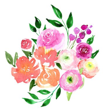 Suluboya çiçekler, güzel klipsli sanat. Zarif çiçek buketi, pembeli pankart, menekşe, sarı çiçekler ve yapraklar, el yapımı. Davetiye, düğün için tasarım, tarihi veya tebrik kartlarını kaydet.