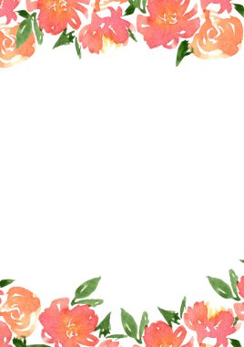 Suluboya pembe, kırmızı, çiçek ve yeşil yaprak çerçevesi. Davetiye, düğün, pankart, tebrik kartı tasarımı için modern moda şablonu. Şakayıklı poster, gül