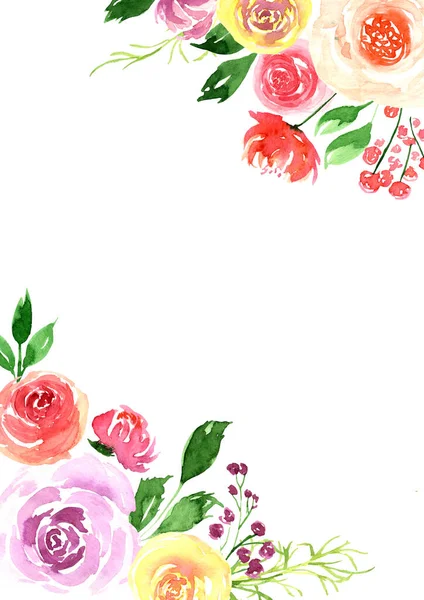 Акварель Свободная Розовом Красном Фиолетовом Желтом Цветах Розы Зеленых Листьях — стоковое фото
