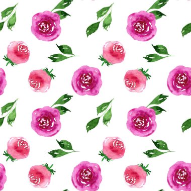 Suluboya güzel, küçük, pürüzsüz pembe ve mor gül desenli. Tekstil, kıyafet, moda, çarşaf, elbise, kapak, duvar kâğıdı için sonsuz baskı. Modern moda tarzında el boyaması sanat.