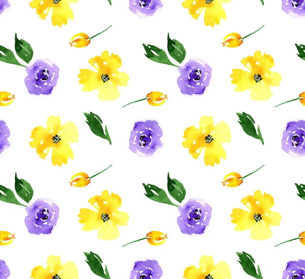 Watercolor beautiful tiny seamless purple rose, yellow anemone flower pattern. Endless print for textile, clothes, fashion, linens, dress, cover, wallpaper. Hand painted art in modern trendy style. — Stock Photo, Image