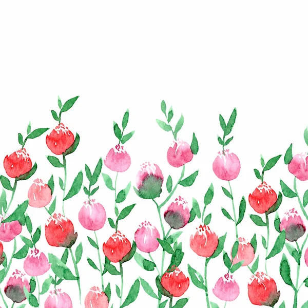Акварель вільний стиль рожевий, червоний, квітковий і зелений листя рамки. Сучасний модний шаблон для запрошення, весілля, банера, вітальних листівок. Плакатний принт з півонією, троянда — стокове фото