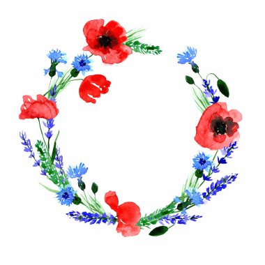 Suluboya tarzı haşhaş, çiçek, lavanta çiçeği ve yeşil yapraklı çelenk kartı. Davetiye, düğün, pankart, tebrik kartı tasarımı için modern çember şablonu. Vahşi çiçeklerin olduğu poster baskısı