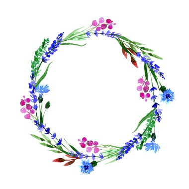 Suluboya tarzı böğürtlen, çiçek, lavanta çiçeği ve yeşil yapraklı çelenk kartı. Davetiye, düğün, pankart, tebrik kartı tasarımı için modern çember şablonu. Vahşi çiçeklerin olduğu poster baskısı