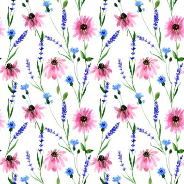 Suluboya, dikişsiz yaban lavanta, çiçek deseni. Tekstil, kıyafet, moda, çarşaf, elbise, kapak, duvar kâğıdı için sonsuz baskı. Modern moda tarzında el boyaması sanat